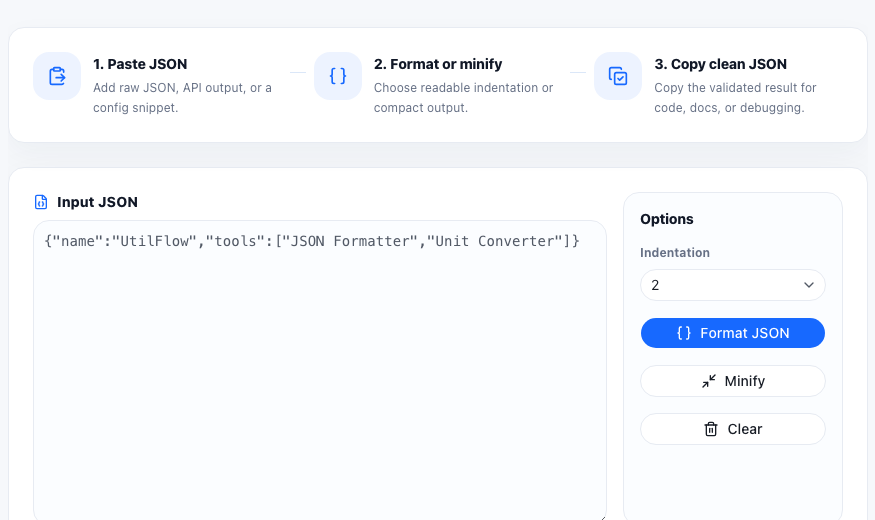 JSON Formatter online tool interface in UtilFlow