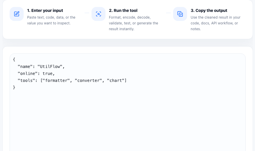 JSON Validator online tool operation area in UtilFlow