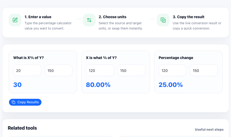 Percentage Calculator online tool interface in UtilFlow