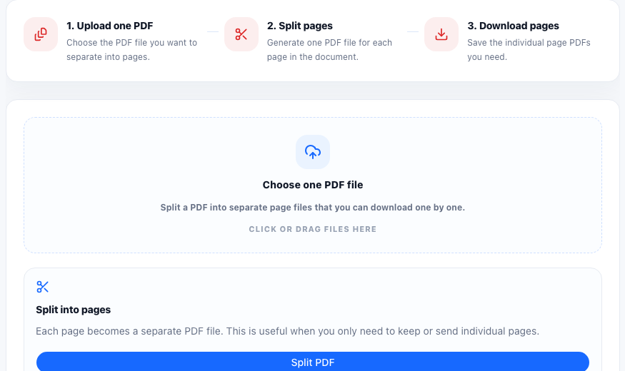 Split PDF online tool operation area in UtilFlow