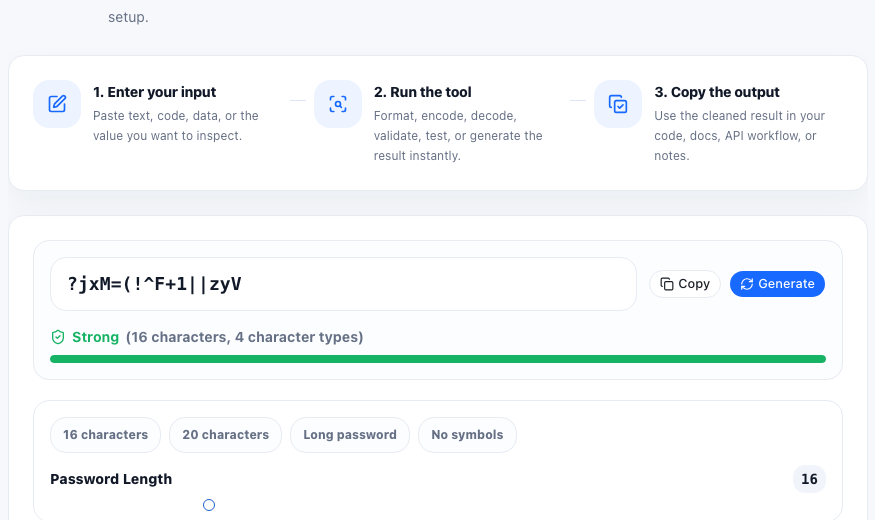 Password Generator online tool interface in UtilFlow